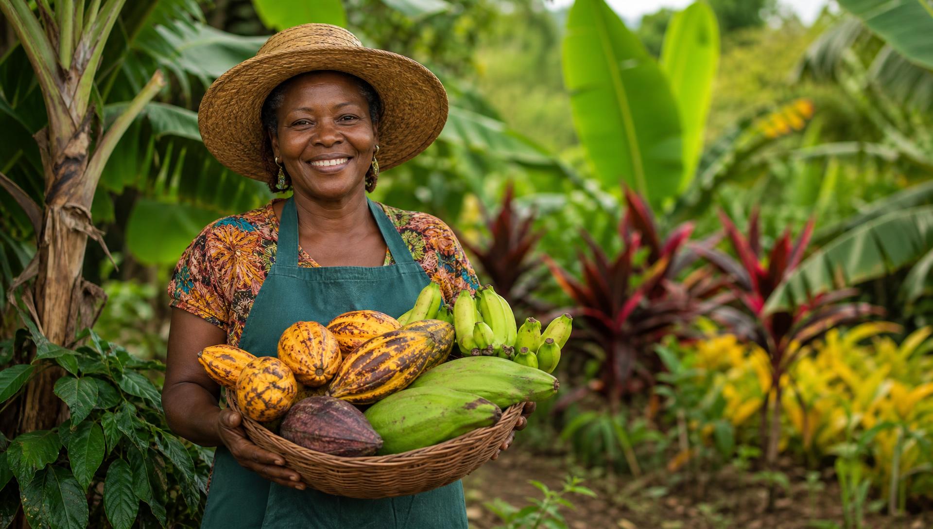 Smiling farmer with fresh tropical produce in a lush farm